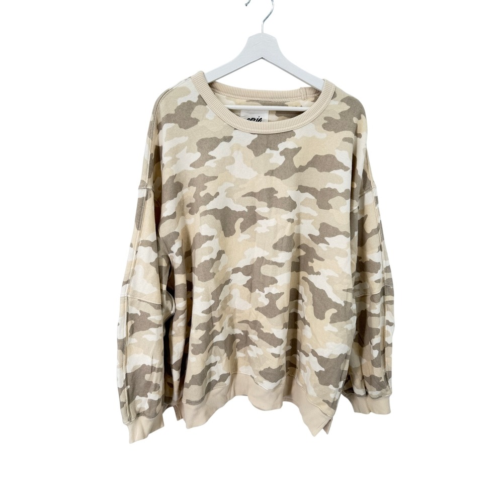 Aerie Sweatshirt Womens L Tan Camo Crewneck Oversized Fleece Pullover Loungewear